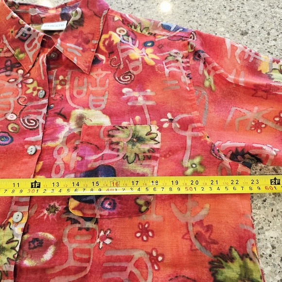 Chicos Women Large (2) Red Button Up Shirt Asian Inspired Sheer Linen Blend.A52‎ - Picture 7 of 11
